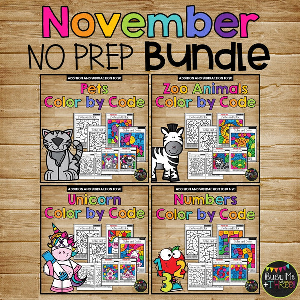 November NO PREP Worksheets BUNDLE Math, Reading 1st, 2nd