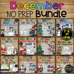 DECEMBER No Prep Activities BUNDLE with Math and ELA for 1st and 2nd Grade
