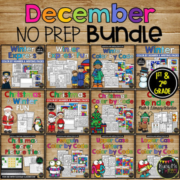 DECEMBER No Prep Activities BUNDLE with Math and ELA for 1st and 2nd Grade