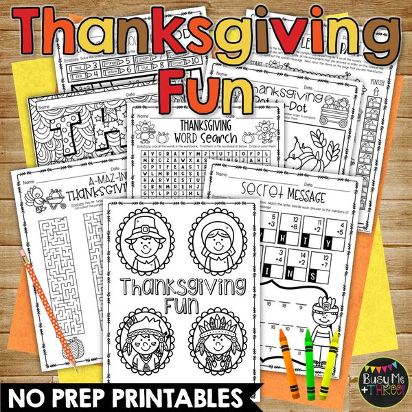 Thanksgiving Activities BUNDLE Fun Worksheets, Bingo, Color by Number Pages