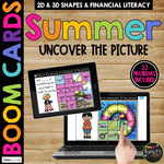 SUMMER Boom Cards™ Uncover the Picture 2D & 3D Shapes & Financial Literacy Set 2