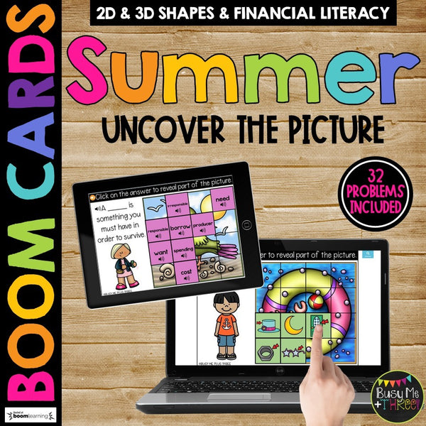 SUMMER Boom Cards™ Uncover the Picture 2D & 3D Shapes & Financial Literacy Set 2