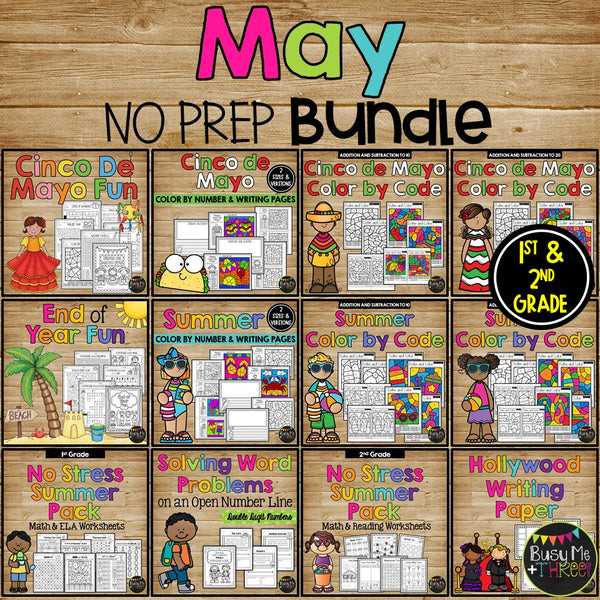 May NO PREP Worksheets and Printables BUNDLE Math, Reading, Writing 1st, 2nd