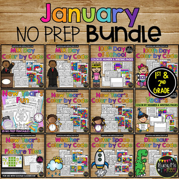 JANUARY No Prep Activities BUNDLE with Math and ELA for 1st and 2nd Grade