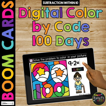 100th Day of School Boom Cards™ Color by Code Math Digital Learning BALLOONS