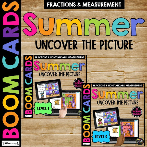 SUMMER Boom Cards™ Uncover the Picture Set 1 Fractions & Measurement 1st & 2nd