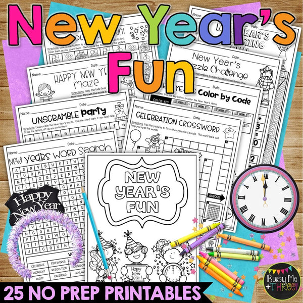 New Years 2022 No Prep Fun Worksheets Crosswords Word Search Puzzles Math ELA