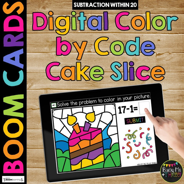 Subtraction Boom Cards™ Birthday Digital Color by Code Math Station