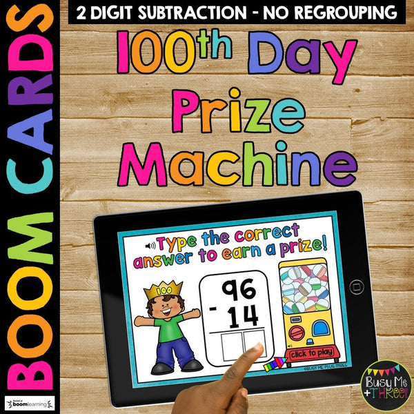 100th Day of School Two Digit Subtraction Math Boom Cards™ No Regrouping