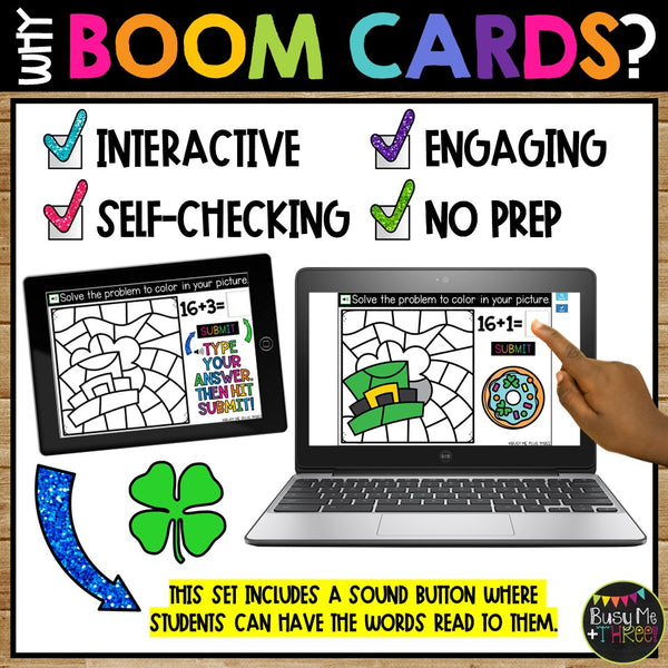 Digital Color by Code Boom Cards™ for St. Patrick's Day Fact Fluency Practice