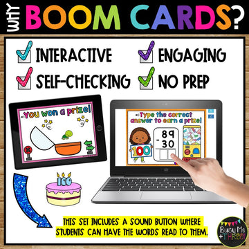 100th Day of School Two Digit Subtraction Math Boom Cards™ No Regrouping