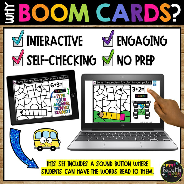 Digital Color by Code Boom Cards™ Fact Fluency Math Activity for Back to School