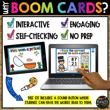 Happy New Year Activity Two Digit Subtraction Math Boom Cards™ No Regrouping