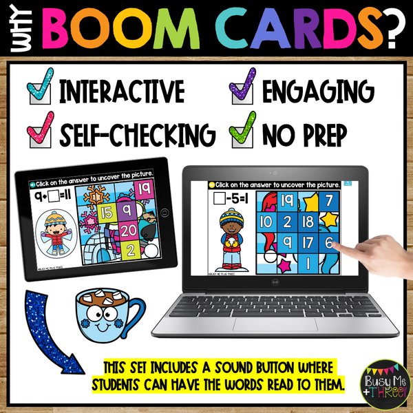 Winter Math Activities Boom Cards™ Mystery Picture Reveal Puzzles