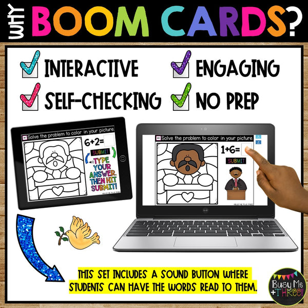 Martin Luther King Boom Cards™ Color by Code Math Digital Learning MLK at Podium