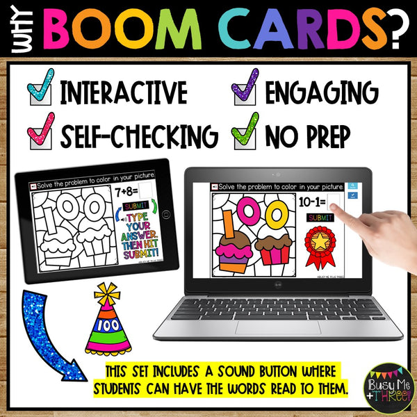 100th Day Boom Cards™ Digital Color by Code Distance Learning CUPCAKES