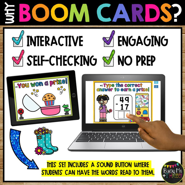 Second Grade Math Boom Cards™ Double Digit Algorithms No Regrouping Subtraction