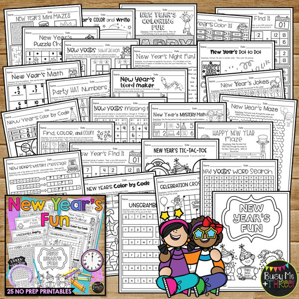 New Years 2022 No Prep Fun Worksheets Crosswords Word Search Puzzles Math ELA