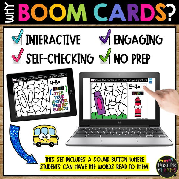 Back to School Color by Code Boom Cards™ Digital Math Activity for Fact Fluency