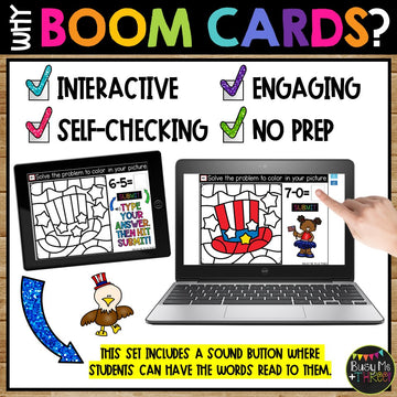 4th of July Boom Cards™ Color by Code Digital Math Activity Fact Fluency