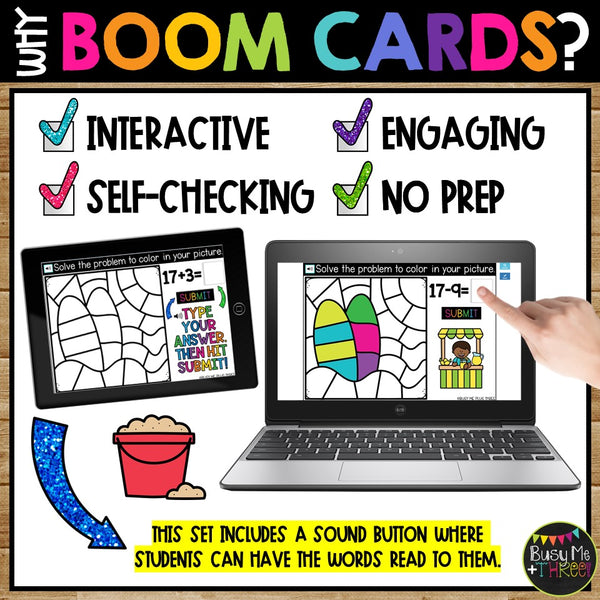 Fact Fluency Boom Cards™ Digital Color by Code Summer Math Activity