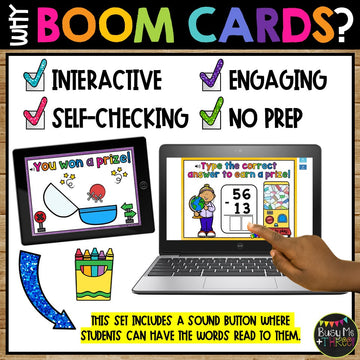 Back to School Activity Two Digit Subtraction Math Boom Cards™ with No Regrouping