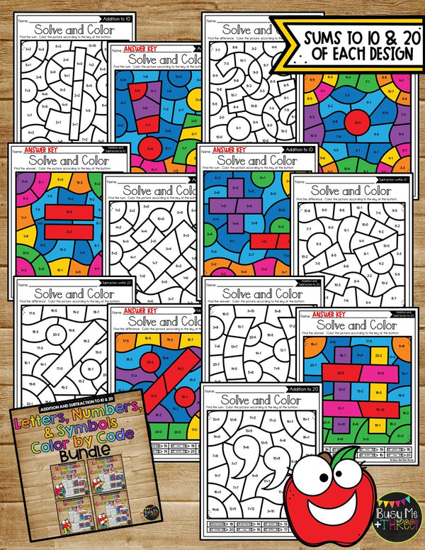 Color by Code Letters Numbers & Symbols BUNDLE Addition & Subtraction to 10 & 20