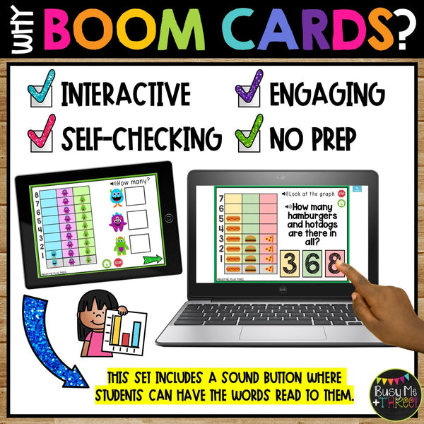 Graphing Boom Cards™ with Audio for Kindergarten 1st and 2nd Grade Picture Graph