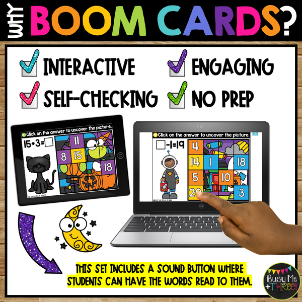 Halloween Math Activities Boom Cards™ Mystery Picture Reveal Puzzles