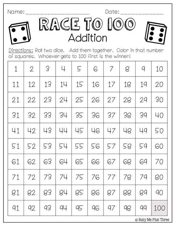 100th Day of School Math Activity Race to 100 & Race to Zero, Dice Game