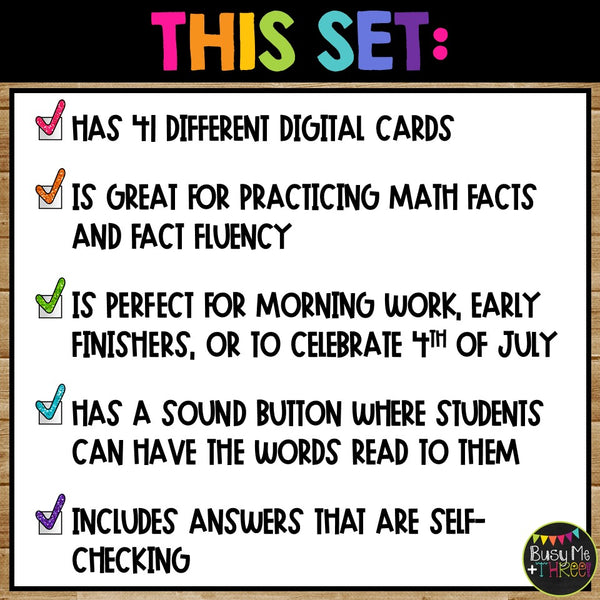 Fact Fluency Boom Cards™ Digital Color by Code 4th of July Math Activity