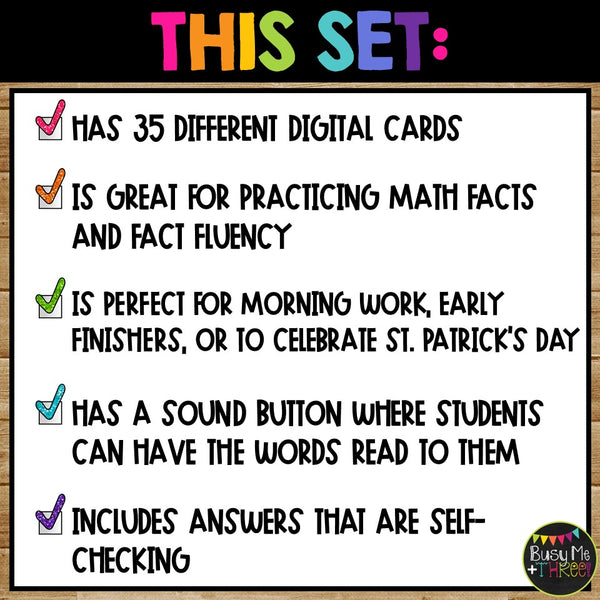 Fact Fluency Boom Cards™ Digital Color by Code St. Patrick's Day Math Activity