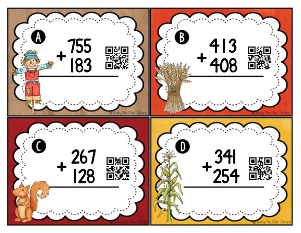 Addition with Regrouping Game, Math Scoot {QR Codes} Fall, Autumn