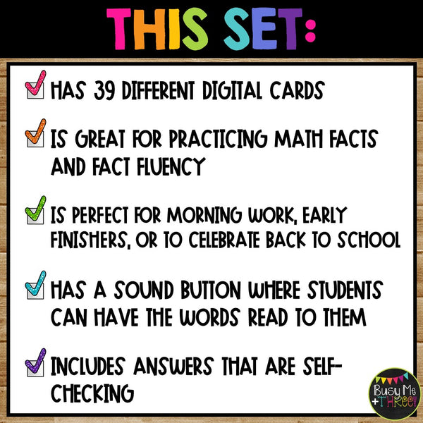 Back to School Color by Code Boom Cards™ Digital Math Activity for Fact Fluency