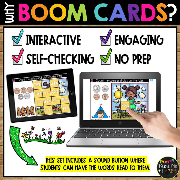 SPRING Boom Cards™ Uncover the Picture Set 2 Telling Time and Counting Money